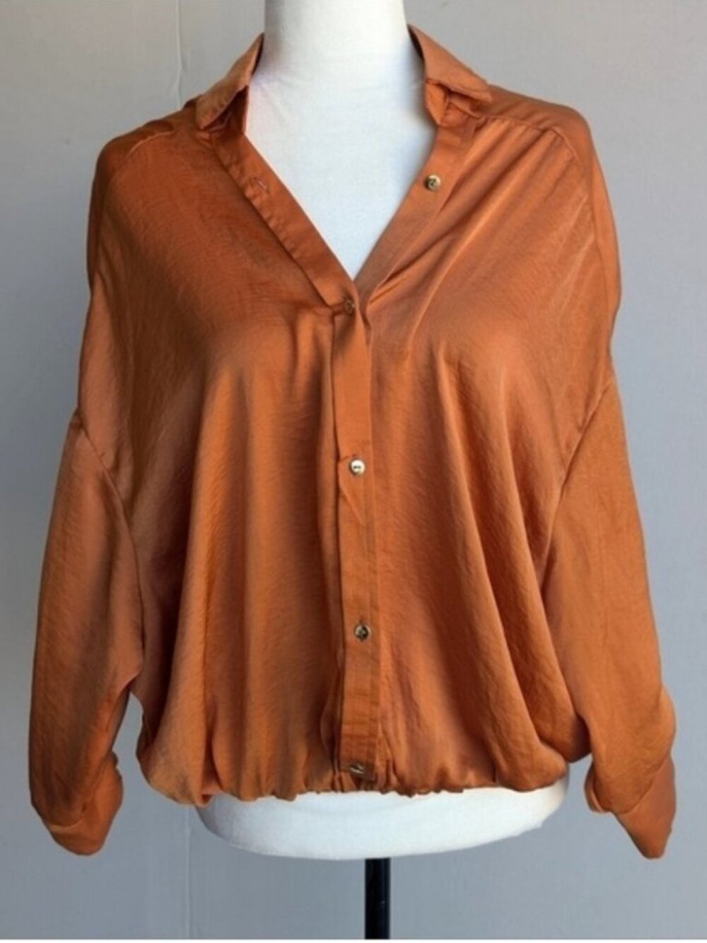 12th Tribe Satin Orange Button-Up Blouse